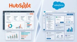 HubSpot and Salesforce logos in a split comparison composition