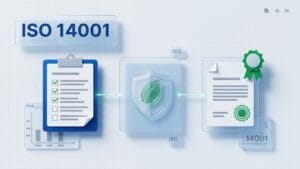 Illustration of the ISO 14001 certification process with audit checklist, leaf shield and certificate with green rosette