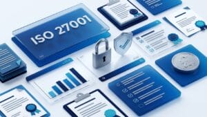 Illustration of a padlock, shield and audit checklists beside an ISO 27001 panel, cost chart and pound coin