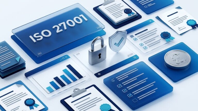 Illustration of a padlock, shield and audit checklists beside an ISO 27001 panel, cost chart and pound coin