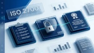 Illustration of the ISO 27001 certification process with audit checklist, padlock and shield, and final certificate