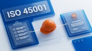 Illustration of the ISO 45001 certification process with audit checklist, safety hard hat and certificate with amber rosette