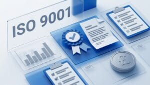 Illustration of an ISO 9001 panel with tick rosette, audit document, cost chart and pound coin
