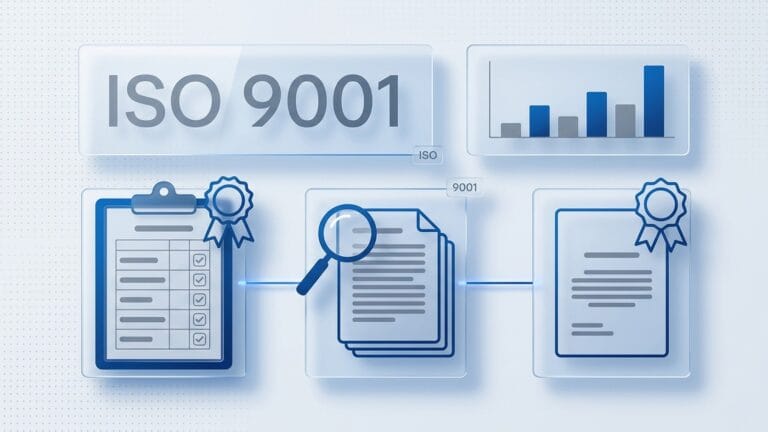 Illustration of the ISO 9001 certification process from audit checklist to document review to final certificate