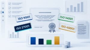 Illustration of a certificate flanked by ISO 9001, ISO 27001, ISO 14001 and ISO 45001 badges above a cost comparison bar chart