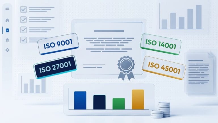 Illustration of a certificate flanked by ISO 9001, ISO 27001, ISO 14001 and ISO 45001 badges above a cost comparison bar chart