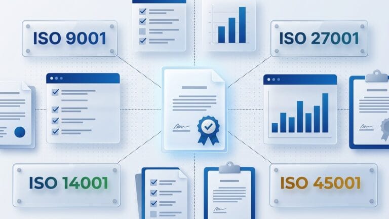 Illustration of a central certificate with rosette connected to ISO 9001, ISO 27001, ISO 14001 and ISO 45001 badges