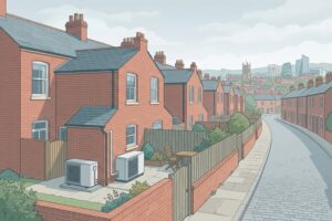 Illustration of red-brick Victorian terraced houses in a northern English city with an unbranded air source heat pump in a rear yard
