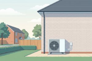 Illustration of a white air source heat pump outdoor unit on a plinth beside the brick wall of a British semi-detached house, with insulated pipework running into the wall