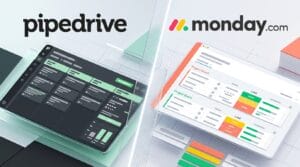 Pipedrive vs monday CRM comparison - both logos with pipeline and board illustrations