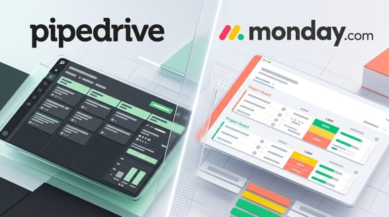 Pipedrive vs monday CRM comparison - both logos with pipeline and board illustrations