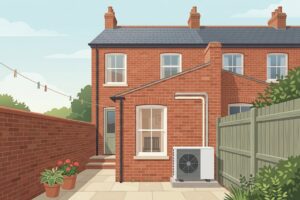 Illustration of an unbranded air source heat pump unit mounted close to the boundary fence in the rear yard of a red-brick Victorian terraced house, with a cast-iron style radiator visible through the window