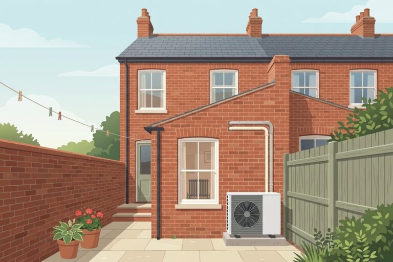 Illustration of an unbranded air source heat pump unit mounted close to the boundary fence in the rear yard of a red-brick Victorian terraced house, with a cast-iron style radiator visible through the window