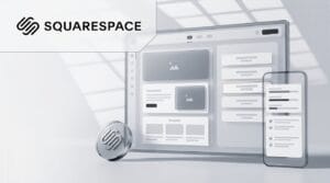 Squarespace pricing UK guide cover with Squarespace logo and site editor