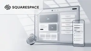 Squarespace pricing UK guide cover with Squarespace logo and site editor