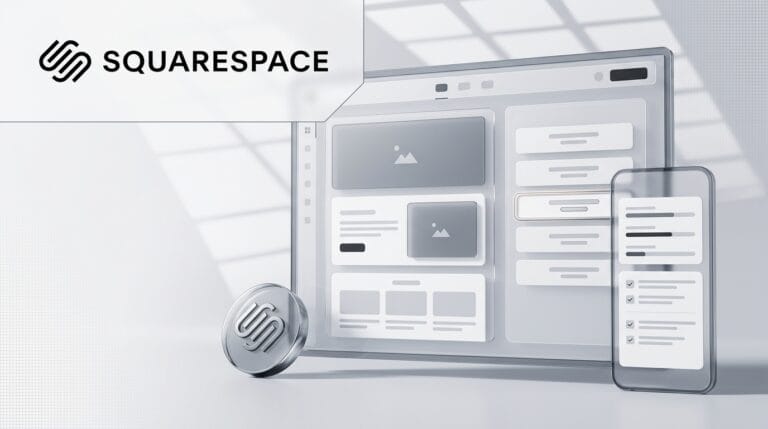 Squarespace pricing UK guide cover with Squarespace logo and site editor