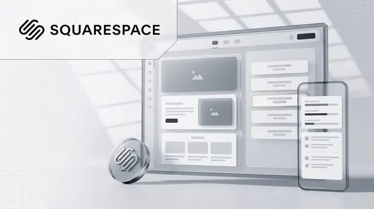 Squarespace pricing UK guide cover with Squarespace logo and site editor