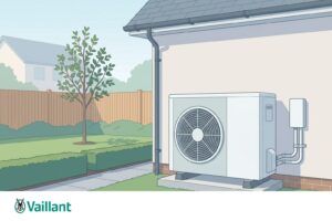 Illustration of an air source heat pump unit installed against the wall of a UK detached house, with the Vaillant wordmark shown below