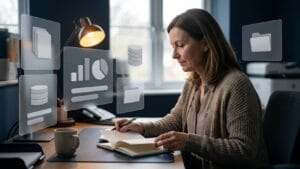 An accountant at her desk in profile turning a page with a pen in hand, surrounded by translucent panels each showing a simple icon for a different service