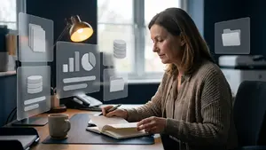 An accountant at her desk in profile turning a page with a pen in hand, surrounded by translucent panels each showing a simple icon for a different service