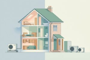 Cutaway illustration of a British house showing rooms and heat loss, with three unbranded air source heat pump units of different sizes outside