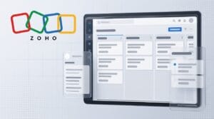 Zoho logo beside a stylised CRM kanban dashboard