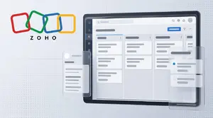 Zoho logo beside a stylised CRM kanban dashboard