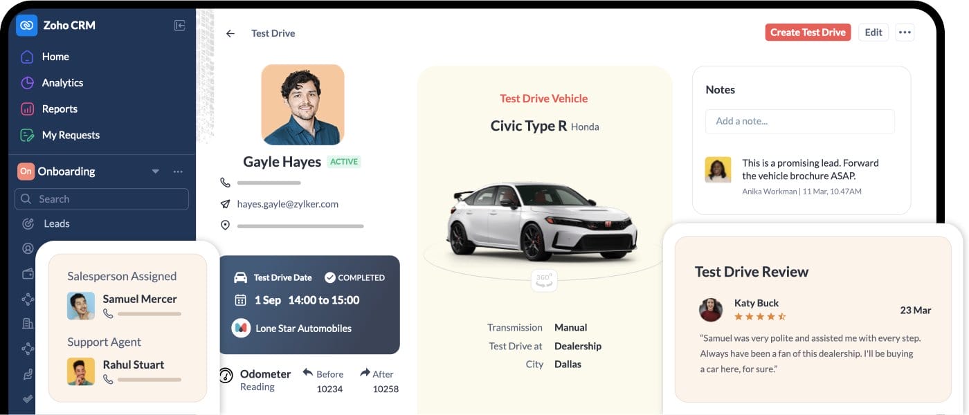 Zoho CRM record page customised with Canvas, showing a test-drive record with notes and review panels
