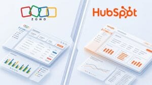 Zoho CRM vs HubSpot comparison - both logos with CRM dashboard illustrations