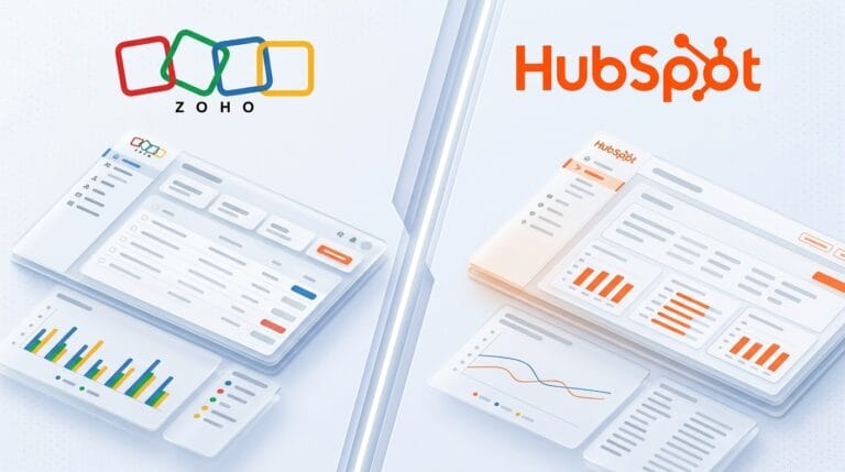 Zoho CRM vs HubSpot comparison - both logos with CRM dashboard illustrations