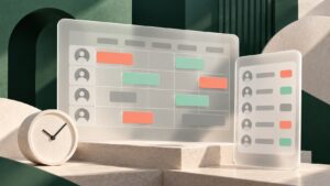 Abstract staff rota grid, mobile scheduling panel and clock