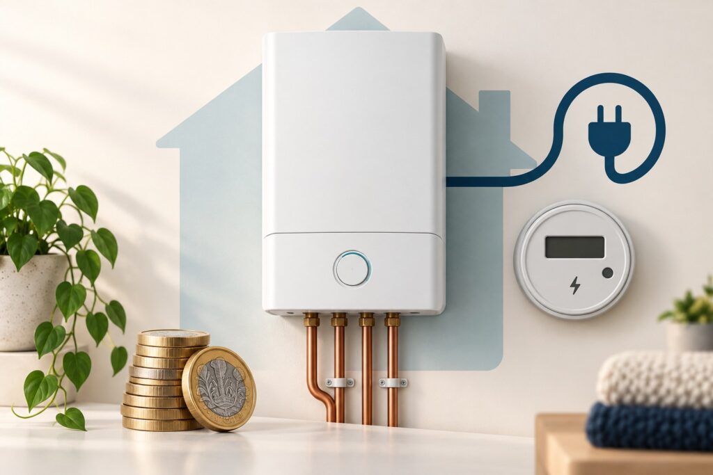 Editorial illustration of an electric boiler, electricity meter and pound coins