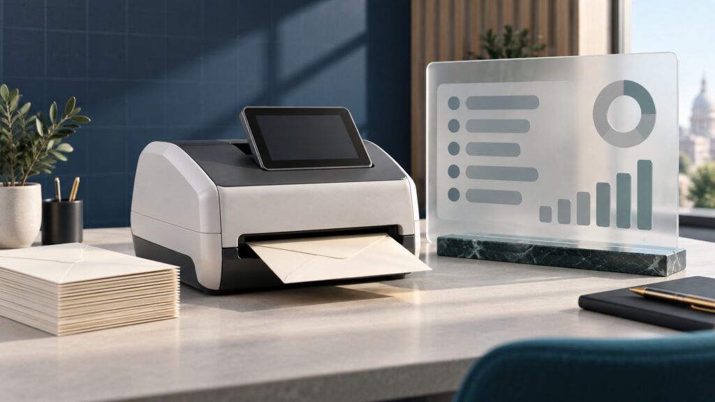 Unbranded franking machine with envelopes and an abstract cost panel