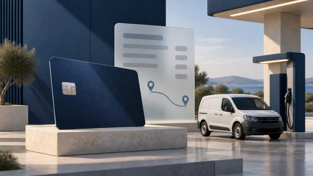 Fuel card, white van and fuel pump with an abstract expense panel