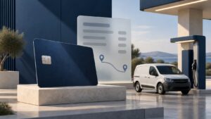 Fuel card, white van and fuel pump with an abstract expense panel