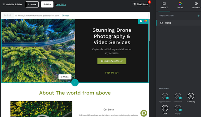 GoDaddy website editor with page preview and website, theme and settings panels