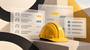 Construction hardhat beside abstract staff records, calendar and training checklist
