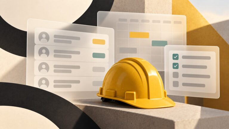 Construction hardhat beside abstract staff records, calendar and training checklist