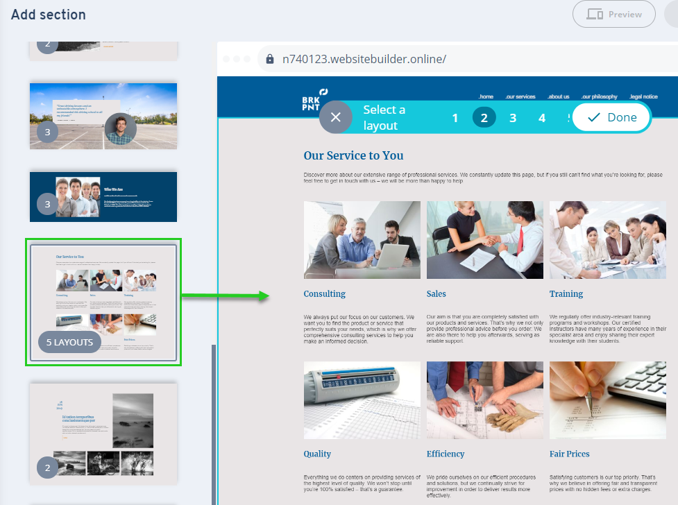 IONOS MyWebsite Now editor showing section layouts and a website preview