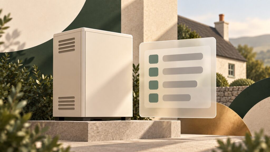 Unbranded oil boiler cabinet beside an abstract quote checklist