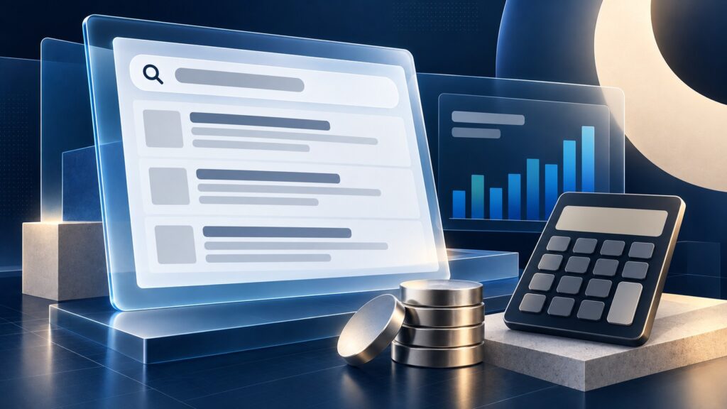Abstract search results and analytics panels beside a calculator and plain metal discs