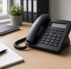 Black desk phone on an office desk