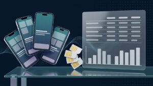 Illustration of business smartphones and SIM cards beside a plan cost comparison panel