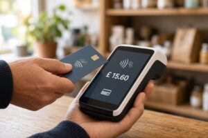 Customer tapping a bank card on a card payment terminal