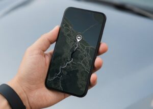 Hand holding a smartphone showing a GPS tracking map