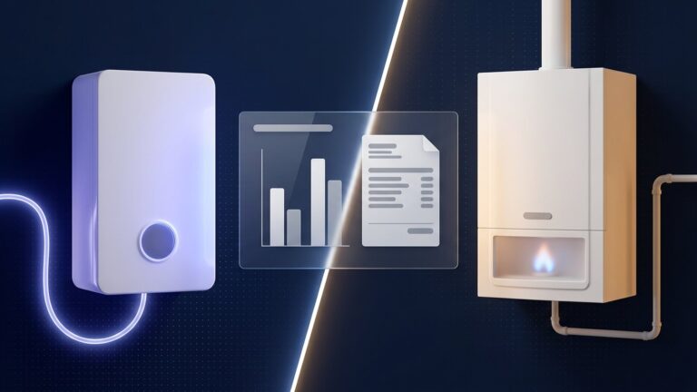 Illustration of an electric boiler beside a gas boiler with a cost comparison chart