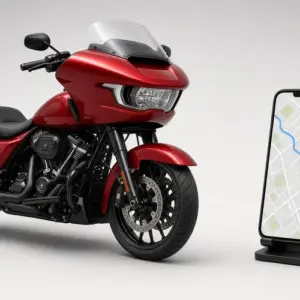 Motorcycle next to a smartphone showing a GPS tracking route