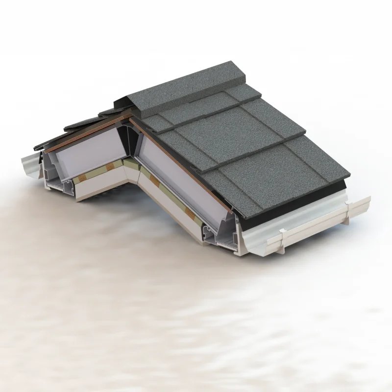 Cutaway of the SupaLite tiled roof system showing the aluminium frame, insulation and lightweight tiles