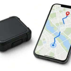 Compact GPS tracker beside a smartphone showing a tracked route on a map