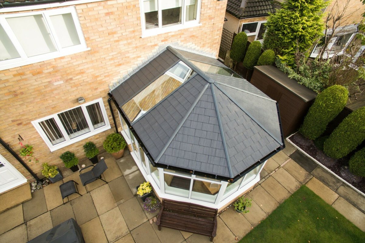 Aerial view of an Ultraroof tiled roof on a Victorian conservatory with glazing panels